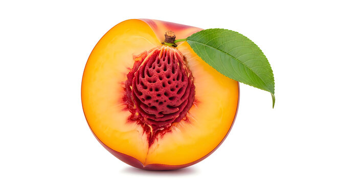 A close-up view of a halved peach with a visible pit and green leaf