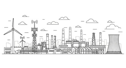 Industrial city landscape with power plants and wind turbines line art. © Robben_Partybob