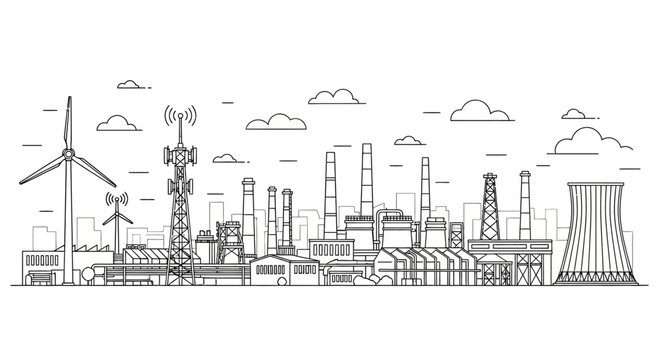 Industrial city landscape with power plants and wind turbines line art.