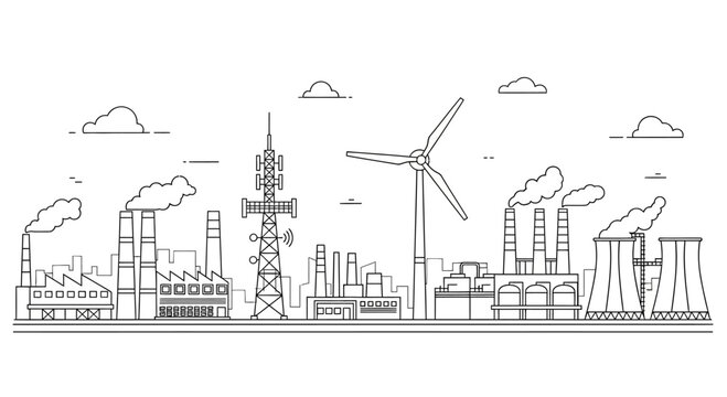 Industrial city landscape line art illustration.