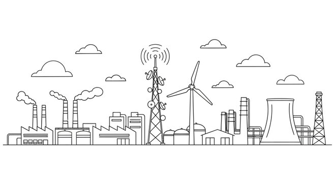 Industrial city landscape line art illustration.