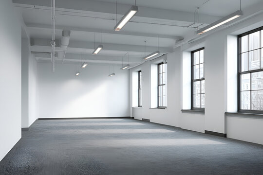 An empty, brightly lit interior space with large windows and a gray carpet, ready for occupancy or decoration