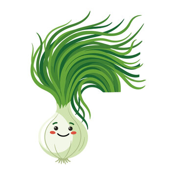 A smiling cartoon green onion with wavy leaves stands alone