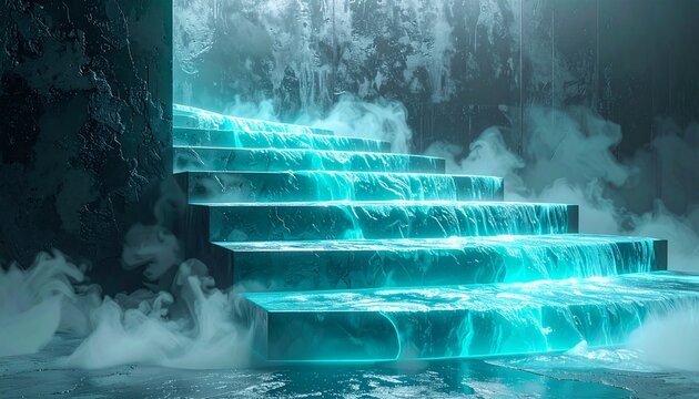 Futuristic Glowing Cyan Subzero Liquid Flowing on Frosted Metal Background