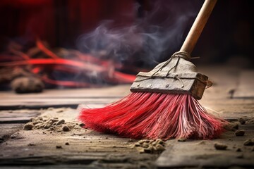 Naklejka premium Red broom is sweeping dust and debris on a wooden floor, with smoke billowing in the background, creating a dramatic cleaning scene