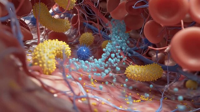 Microscopic view of blood cells and pathogens