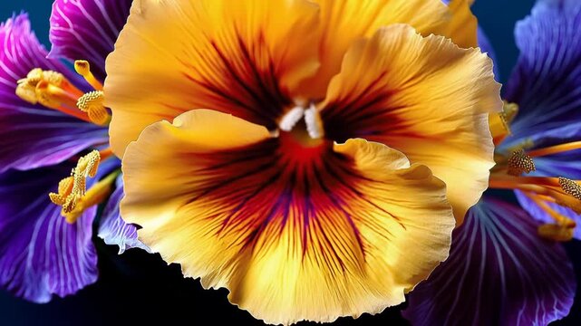 Colorful flowers in shades of yellow and purple on a blue background are arranged together in a tight cluster
