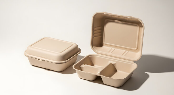 Sustainable eco-friendly fiber disposable food containers, one closed and one open with compartments, isolated on a white background