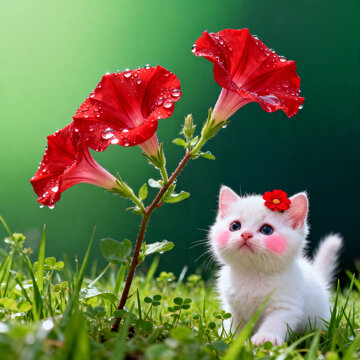 White Kitten with Red Flowers in Morning Dew