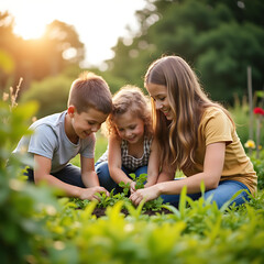 Fototapeta premium Family planting seedling garden outdoors sunny day children and mother nurturing plants togetherness learning about nature growth.