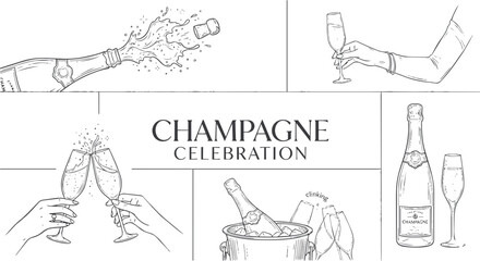Champagne Celebration Illustrations with Toasting and Pouring. © Kasasagi