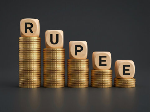 rupee decline concept with stacked gold coins and wooden blocks representing currency depreciation financial loss and economic downturn