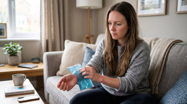Woman applying cold pack to her arm while sitting on sofa at home  