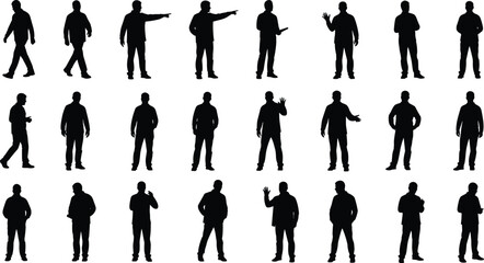 Silhouette illustration showing twenty-four human figures in diverse standing poses, gestures, and movements, highlighting posture variation and expressive body language © Jahanara