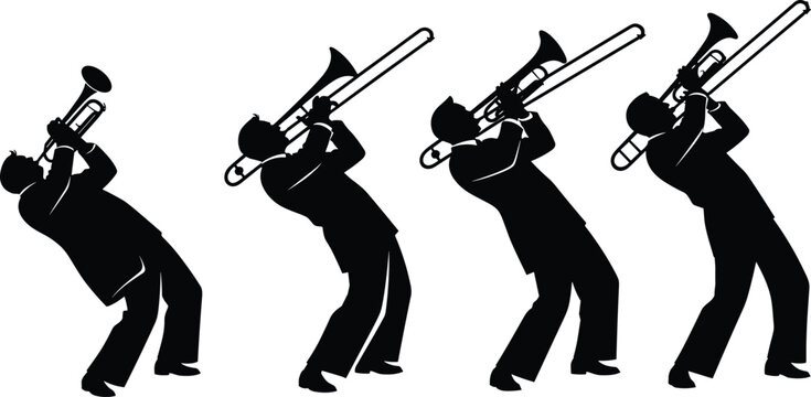 Trombone player silhouettes set, jazz musician vector illustration, brass instrument performance poses for music, concert, band, and creative design projects