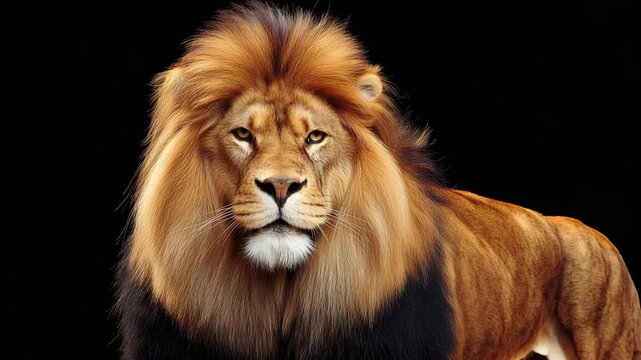Lion with thick mane looks towards the right against a dark background during daylight hours