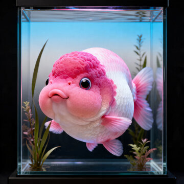 Pink and White Ranchu Goldfish in Aquarium