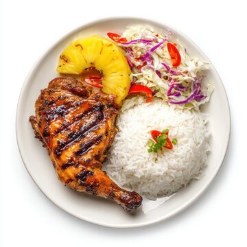Inasal na manok with coconut rice and pineapple salad isolated on a white background