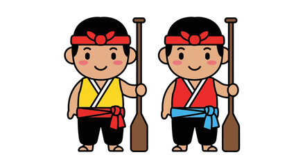 Cute cartoon character illustration of two young male rowers with paddles. © Puput_Kinasih