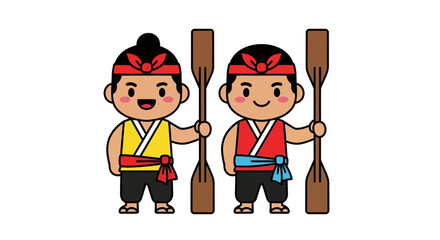 Two cute cartoon rowers in traditional Indonesian clothing holding wooden paddles. © Puput_Kinasih