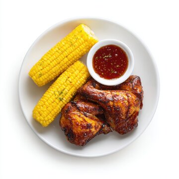 Inasal na manok with corn on the cob and dipping sauce cup isolated on a white background