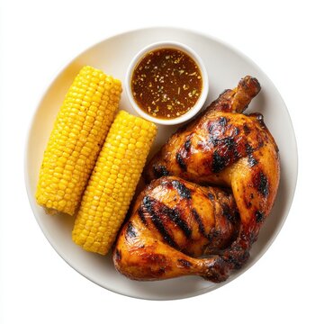 Inasal na manok with corn on the cob and dipping sauce cup isolated on a white background