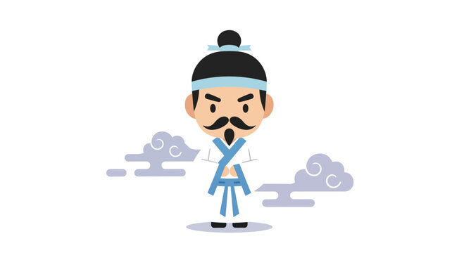 Cartoon Korean warrior character wearing traditional hanbok and topknot.