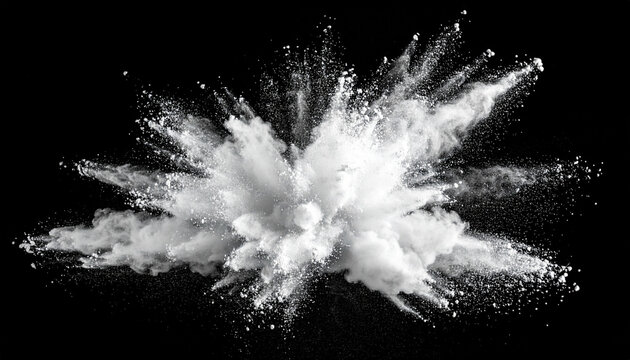 a dramatic explosion of white powder against a dark background, creating a stark contrast that draws attention to the cloud of powder that is in motion