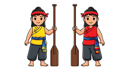 Two Cartoon Thai Rowers in Traditional Clothing Holding Wooden Paddles. © Puput_Kinasih