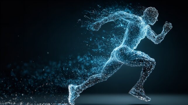 Abstract illustration of a running person formed from digital particles on dark background