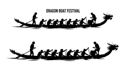 Black Silhouette Illustration of Traditional Chinese Dragon Boats for Festival Celebration. © Puput_Kinasih