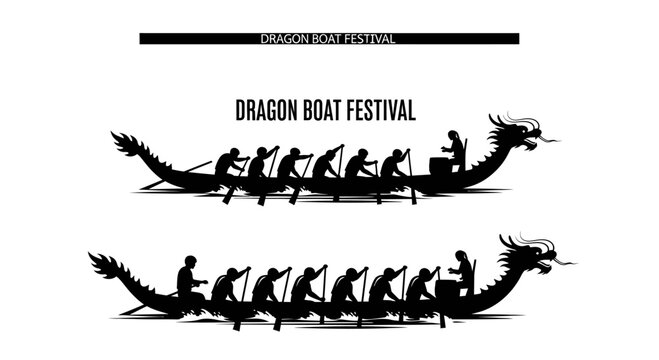 Silhouette illustration of traditional Chinese dragon boat racing festival.