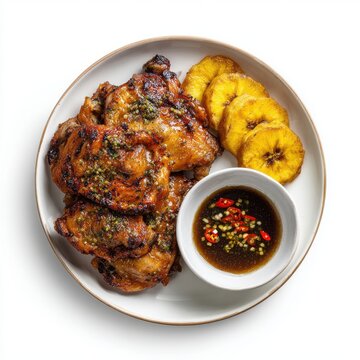 Inasal na manok with fried plantains and spicy vinegar isolated on a white background