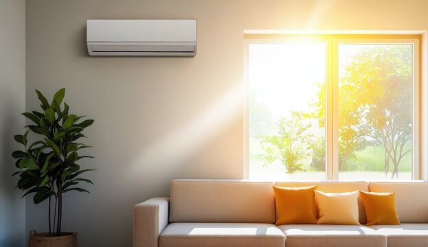 Modern living room featuring an air conditioner on the wall, comfortable beige sofa with pillows, and bright sunlight streaming through windows