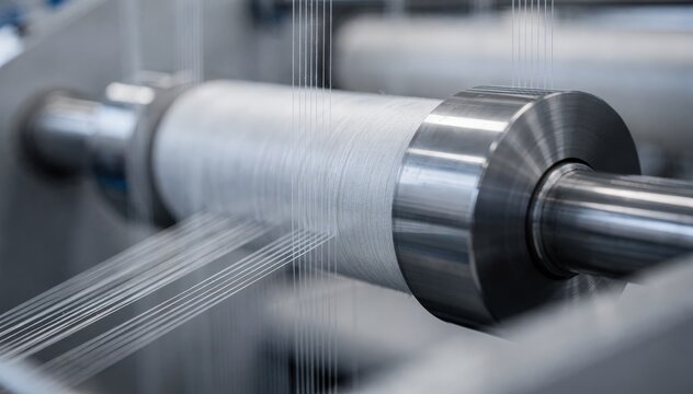 Medium shot of fine denier elastomeric yarn running smoothly through multiple godet rolls showcasing delicate precision in fiber spinning.