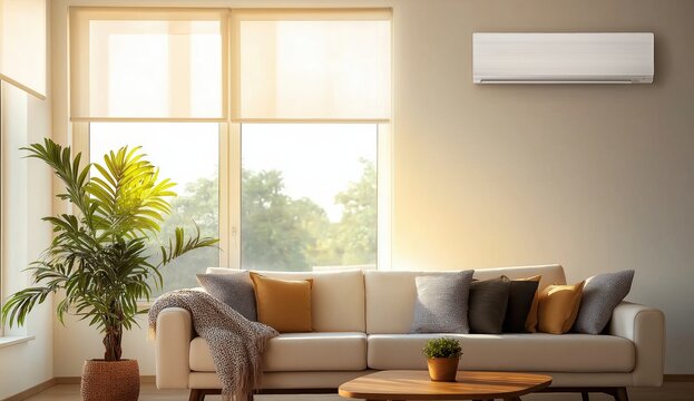 Cozy contemporary living room presenting an air conditioner unit on the wall, comfortable sofa, and green plant illuminated by morning sun filtering through large windows