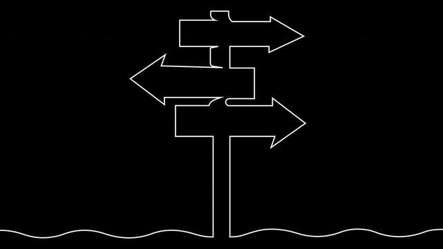 Minimalist line direction sign animation: multiple choice arrows on black background