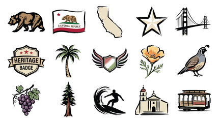 Collection of iconic symbols and landmarks representing the state of California, including its flag, bear, bridge, and natural elements. © Renald