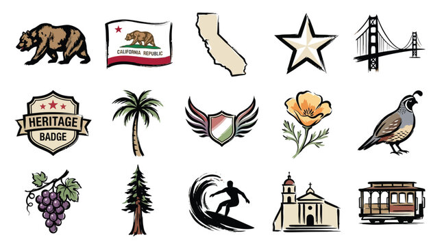 Collection of iconic symbols and landmarks representing the state of California, including its flag, bear, bridge, and natural elements.