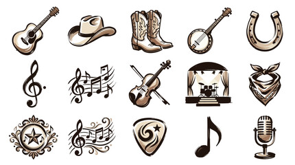 A collection of country music and western-themed icons, including instruments, attire, and symbols. © Renald
