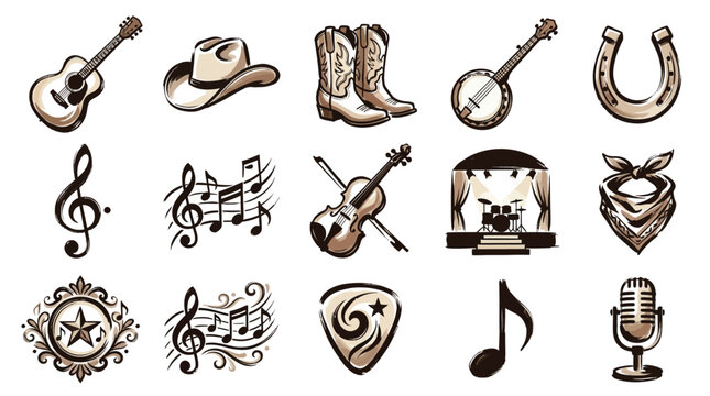 A collection of country music and western-themed icons, including instruments, attire, and symbols.