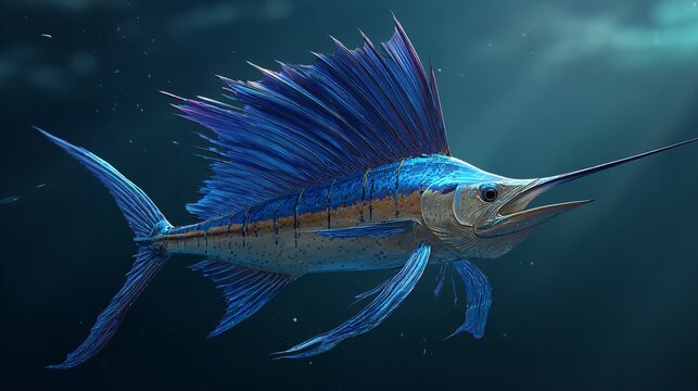 Underwater digital illustration of a sailfish, depicted with vibrant blue tones.