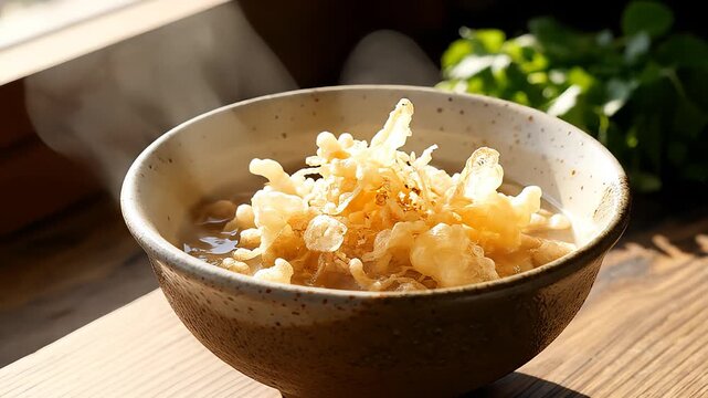 Crispy fried tempura flakes added to a steaming hot ceramic bowl of Japanese miso soup, showcasing cooking, texture, and appetizing food preparation.