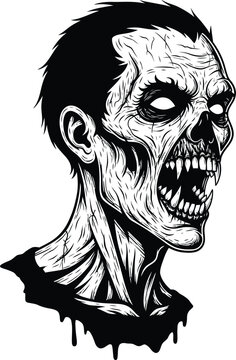Black and white zombie head with sharp teeth and dark hair monster skull