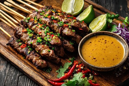 Flavorful Grilled Meat Satay Skewers With Spicy Peanut Sauce And Fresh Lime On A Rustic Wooden Platter