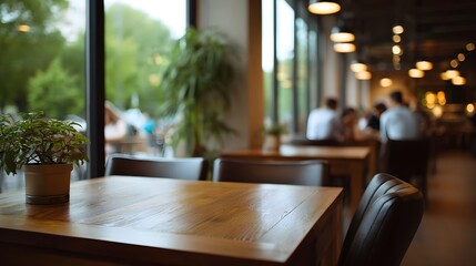 Fototapeta premium A bright inviting view of a modern cafu00e9 interior featuring wooden tables and natural light streaming through large