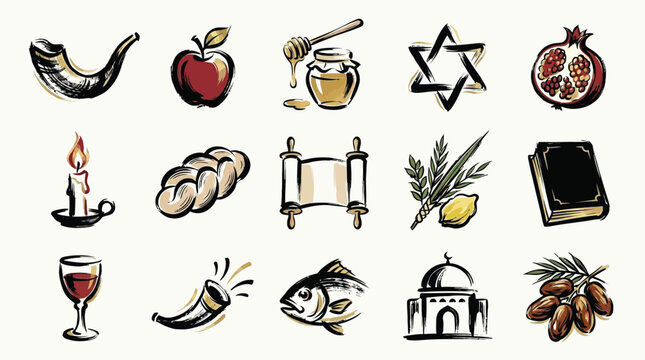 A collection of hand-drawn illustrations representing various symbols associated with Jewish culture and religious holidays.