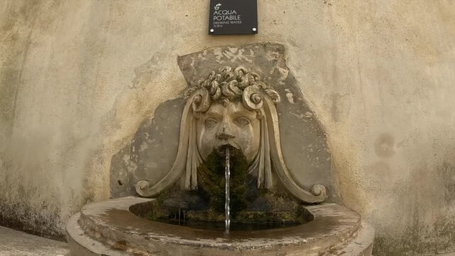 Historic stone wall fountain featuring a classical grotesque mask face sculpture spitting water in Tivoli, Rome. Ancient Italian architecture with moss and aged stone texture.