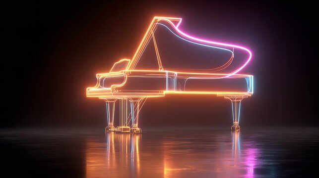 Neon outline of a grand piano lit against a dark background.