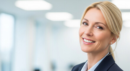 Fototapeta premium Friendly looking businesswoman smiling warmly near a window perfect for corporate profile and professional presentations